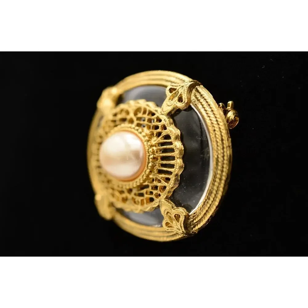 1928 Vintage Clear Lucite Pearl Pin Brooch Oval Antiqued Gold Chunky 1980s BinAL